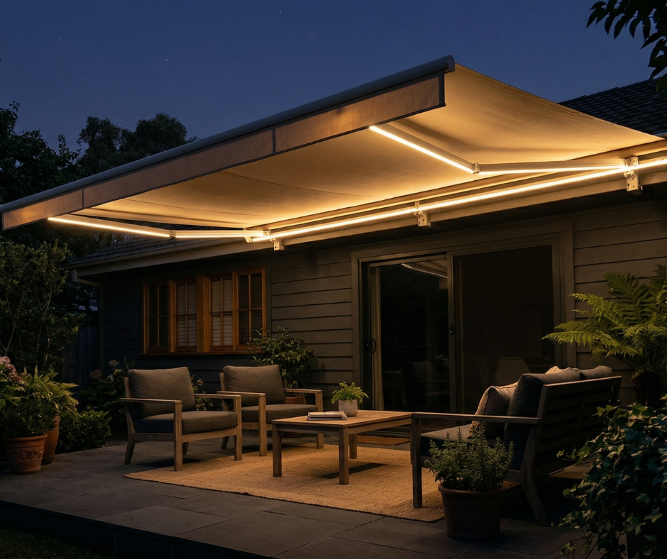 Integrated LED lighting beneath a retractable awning