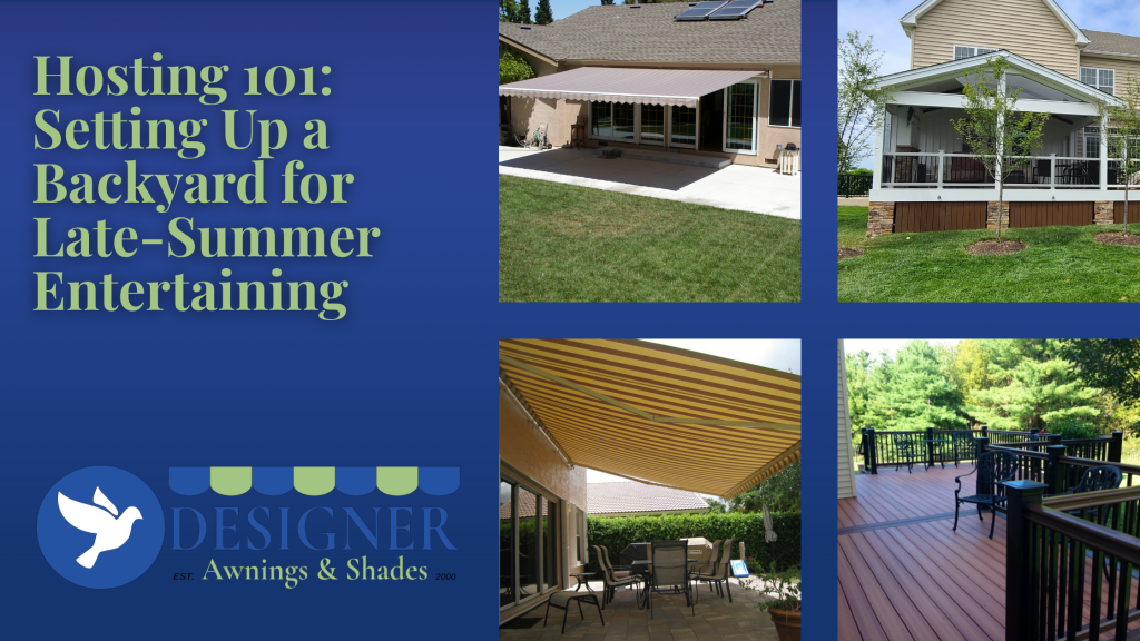 Four scenes of backyard entertaining, featuring retractable awnings and courtyard shelters.