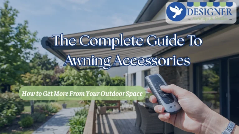 Blog cover: The Complete Guide to Awning Accessories, with a hand holding an awning remote