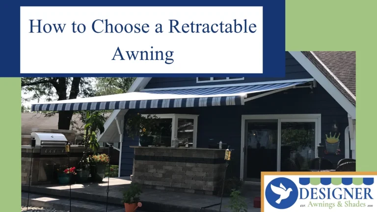 Blog cover: How to Choose a Retractable Awning, over a blue-and-white striped awning on a navy house
